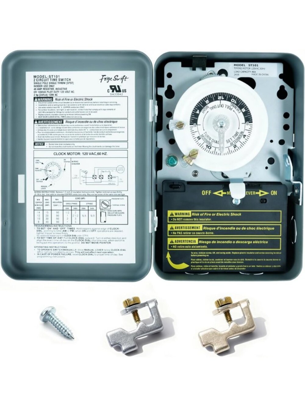 24-Hour Mechanical Timer, 40A 120V SPST Switch, 12 Daily ON/OFF Cycles, Durable